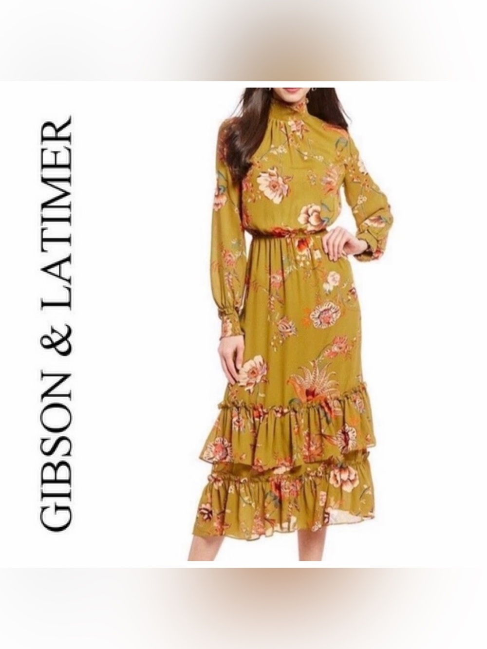 Gibson Latimer Mustard Floral Long Sleeve Dress